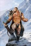  1boy abs bara beard_stubble bulge cloak facial_hair full_body fur_(clothing) fur_cloak highres holding holding_sword holding_weapon large_pectorals long_sideburns looking_to_the_side male_focus male_pubic_hair mature_male mountain muscular muscular_male navel nipples noxypia original pectorals profile pubic_hair pubic_hair_peek revealing_clothes rock sheath sheathed short_hair shredded_muscles sideburns snow solo standing stomach stubble sword thick_neck thick_thighs thighs tribal undercut veins veiny_arms weapon winter 