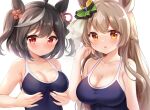  2girls ahoge animal_ears bangs bare_arms bare_shoulders black_hair black_swimsuit blush braid breasts brown_eyes brown_hair cleavage closed_mouth collarbone commentary_request eyebrows_visible_through_hair grey_hair hair_ornament hand_up horse_ears kitasan_black_(umamusume) large_breasts long_hair looking_at_viewer medium_breasts multicolored_hair multiple_girls nikoo one-piece_swimsuit parted_lips red_eyes revision satono_diamond_(umamusume) school_swimsuit simple_background streaked_hair swimsuit two_side_up umamusume upper_body very_long_hair white_background 