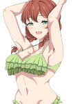  1girl absurdres arms_up bikini blush_stickers braid breasts commentary_request emma_verde frilled_bikini frills green_bikini green_eyes highres hourou_(marte-seta) large_breasts long_hair looking_at_viewer love_live! love_live!_nijigasaki_high_school_idol_club open_mouth simple_background smile solo swimsuit twin_braids upper_body white_background 