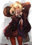  1girl 360_(taiyo360) absurdres animal_ears arknights arm_behind_back bear_ears blood blood_drip blood_on_clothes blue_dress brown_jacket candy_hair_ornament cowboy_shot dress eyebrows_visible_through_hair food-themed_hair_ornament frying_pan gummy_(arknights) hair_ornament highres holding holding_frying_pan jacket looking_at_viewer neckerchief open_clothes open_jacket orange_eyes orange_legwear pantyhose sailor_collar sailor_dress school_uniform serafuku short_hair solo white_neckerchief white_sailor_collar 