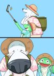  2024 amphibian anthro backpack biped black_nose blush canid canine canis clothing comic domestic_dog duo eyes_closed frog green_body hat headgear headwear hi_res kemono mammal panda_po shirt simple_background smile straw_hat topwear white_body 