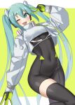  1girl ;d absurdres arm_up asymmetrical_bodysuit black_bodysuit black_legwear bodysuit commentary_request cropped_jacket gloves green_background green_eyes green_gloves green_hair hatsune_miku highres jacket kopaka_(karda_nui) long_hair long_sleeves looking_at_viewer one_eye_closed puffy_long_sleeves puffy_sleeves racing_miku racing_miku_(2022) sidelocks single_thighhigh smile solo thighhighs twintails two-tone_background v very_long_hair vocaloid white_background white_jacket 