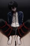  1boy absurdres arms_behind_back bags_under_eyes barefoot bdsm black_hair black_pants blood blood_on_clothes blood_on_face blue_jacket blush bondage bound bound_legs chain chain_leash hair_between_eyes highres imai_akira jacket leash long_sleeves looking_at_viewer male_focus on_floor open_clothes original pants parted_lips red_rope rope shirt sitting solo sweat 