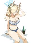  1girl alternate_costume animal_ear_fluff animal_ears arm_up bikini blonde_hair blue_archive blue_eyes blue_halo breasts cleavage collarbone cup dao_18261 dog_ears drinking_straw extra_ears feet_out_of_frame frilled_bikini_top hair_over_one_eye halo highres kanna_(blue_archive) large_breasts long_hair looking_at_viewer notched_ear open_mouth shadow simple_background sitting small_sweatdrop solo swimsuit twitter_username white_background 