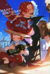  ^_^ ^o^ alcohol bottle closed_eyes facial_hair grin happy_birthday hat highres holding holding_bottle male_focus one_piece pirate_hat qin_(7833198) red_hair shanks sitting smile time_paradox wine_bottle younger 