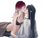  2girls black_bra black_hair bra breasts cleavage closed_eyes collared_shirt commentary_request earrings gradient_hair hand_on_another&#039;s_arm highres jewelry kiss long_hair medium_breasts miix777 multicolored_hair multiple_girls path_to_nowhere purple_hair rahu_(path_to_nowhere) reclining scar scar_across_eye shalom_(path_to_nowhere) shirt simple_background underwear white_background white_hair white_shirt yuri 
