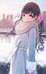  1girl absurdres black_hair blurry blurry_background blush breasts chain-link_fence coat fence fur-trimmed_sleeves fur_trim grey_scarf hair_ribbon highres idolmaster idolmaster_shiny_colors long_hair long_sleeves looking_at_viewer looking_to_the_side mayuzumi_fuyuko medium_breasts outdoors ribbon scarf sikimosh solo twintails very_long_hair white_coat 