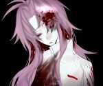  1boy antenna_hair black_background blood blood_in_hair blood_on_clothes blood_on_face colored_eyelashes colored_skin frown haidan_(tangguonihaizaima) hatsutori_hajime highres long_hair male_focus open_mouth parted_bangs pink_hair portrait red_eyes saibou_shinkyoku shirt simple_background solo sweat white_shirt white_skin 