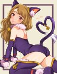  all_fours animal_ear_fluff animal_ears animal_hands ass bangs bare_shoulders bell blush breasts brown_eyes cat_ears cat_girl cat_tail commentary_request elbow_gloves fur_collar gloves hanamasa_ono highres idolmaster idolmaster_million_live! jingle_bell leotard light_brown_hair long_hair looking_at_viewer medium_breasts miyao_miya neck_bell paw_gloves simple_background solo tail thick_eyebrows thighhighs thighs tongue tongue_out wavy_hair 