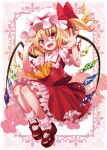  1girl ascot bespectacled black_footwear blonde_hair bobby_socks bow comiket_80 crystal fang flandre_scarlet frilled_skirt frills full_body glasses happy hat hat_bow hat_ribbon looking_at_viewer mary_janes medium_hair mob_cap multicolored_wings one_side_up open_mouth pink_background puffy_short_sleeves puffy_sleeves red_bow red_eyes red_ribbon red_skirt red_vest ribbon ribbon-trimmed_headwear ribbon_trim shirt shoes short_sleeves simple_background skirt skirt_set sleeve_bow sleeve_ribbon smile socks solo touhou vest white_hat white_shirt white_socks wings yellow_ascot yyukke 