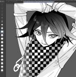  1boy arms_behind_head arms_up art_program_in_frame bishounen black_hair buttons checkered_clothes checkered_scarf danganronpa_(series) danganronpa_v3:_killing_harmony eyelashes flipped_hair grey_background hair_between_eyes highres long_sleeves looking_at_viewer male_focus monochrome oma_kokichi parted_lips ringed_eyes scarf short_hair smile solo straitjacket two-tone_scarf upper_body youuthu 
