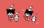  1girl :p animal_bag baozi black_hair blush_stickers chara_chara_makiato chibi chinese_clothes double_bun dress food food_on_head hair_bun long_sleeves monochrome multiple_views object_on_head original panda red_background smile solid_circle_eyes standing standing_on_one_leg steam tongue tongue_out 