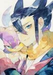  1boy bangs black_hair black_jacket blue_eyes closed_mouth commentary_request grimsley_(pokemon) hair_between_eyes highres jacket long_sleeves looking_to_the_side male_focus on_shoulder pokemon pokemon_(creature) pokemon_(game) pokemon_bw pokemon_on_shoulder purrloin scarf shirt short_hair smile spiked_hair white_background white_shirt yamanashi_taiki yellow_scarf 