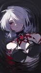  1girl acheron_(honkai:_star_rail) bare_shoulders black_choker blood blood_from_eyes body_markings breasts choker cleavage flower hair_over_one_eye highres honkai:_star_rail honkai_(series) long_hair mumu_003 official_alternate_hair_color open_mouth red_eyes red_flower solo water white_hair 