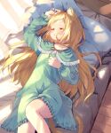  1girl absurdres animal_ear_fluff animal_ears bed blonde_hair cat_ears cat_girl cat_tail closed_eyes curtains day dress green_dress hamaru_(s5625t) head_on_pillow highres long_hair long_sleeves lying on_back on_bed original pillow sleeping tail 