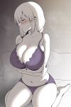  1girl arms_under_breasts blush bra breasts closed_eyes closed_mouth collarbone commentary facing_to_the_side greyscale highres large_breasts long_hair mature_female monochrome navel on_bed panties purple_bra purple_panties sitting solo spot_color sweat thighs underwear underwear_only uzaki-chan_wa_asobitai! uzaki_tsuki wariza yue_(show-ei) 