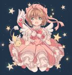  1girl ahoge bow brown_hair cardcaptor_sakura dress frilled_dress frills fuuin_no_tsue gloves green_eyes hat holding holding_wand kero kinomoto_sakura open_mouth pink_bow pink_dress pink_footwear puffy_short_sleeves puffy_sleeves short_hair short_sleeves simple_background smile star_(symbol) wand white_bow white_gloves white_legwear 