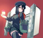  001machi 1girl absurdres akitsu_maru_(kancolle) akitsu_maru_kai_(kancolle) black_eyes black_hair black_hat black_jacket black_skirt black_thighhighs gloves hat highres holding holding_clothes holding_hat jacket kantai_collection looking_at_viewer machinery military_hat military_uniform one_eye_covered peaked_cap pleated_skirt shaded_face short_hair skirt solo thighhighs uniform white_gloves 