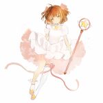  1girl blush bow brown_hair cardcaptor_sakura choker dress feet_together frilled_dress frills fuuin_no_tsue green_eyes highres kinomoto_sakura looking_at_viewer lpip pink_bow pink_footwear puffy_short_sleeves puffy_sleeves short_hair short_sleeves simple_background single_thighhigh smile solo solo_focus star_(symbol) thighhighs two_side_up white_background white_dress white_legwear 