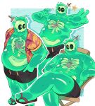  1boy ^_^ absurdres bara big_belly black_male_swimwear black_sclera closed_eyes colored_sclera colored_skin crossed_legs double_v doug_(monster_prom) fat fat_man green_skin happy hawaiian_shirt highres large_feet looking_at_viewer looking_to_the_side male_focus male_swimwear monster_boy monster_prom multiple_views nifast_(greentail) object_through_head on_chair open_clothes open_shirt see-through shirt short_shorts shorts sitting slime_boy solo sparkle swim_trunks sword_in_head tareme thick_thighs thighs topless_male v 