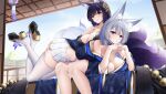 2girls absurdres animal_ears ass_grab azur_lane bare_legs bare_shoulders bent_over black_hair black_kimono blue_eyes blue_kimono blue_nails breast_press breast_rest breasts breasts_on_another&#039;s_back cleavage commentary_request crossed_legs day expressionless floral_print fox_ears fox_girl fox_tail from_below from_side full_body gradient_tail grin hair_between_eyes hair_over_eyes hand_on_another&#039;s_ass hands_up high_heels highres indoors japanese_clothes jfzm001 kimono kimono_pull kitsune kneeling large_breasts legs_folded long_hair looking_at_viewer looking_down lying lying_on_person midriff miniskirt multiple_girls musashi_(azur_lane) nail_polish on_stomach open_door own_hands_together parted_lips pleated_skirt print_kimono purple_hair purple_nails sakura_empire_(emblem) shinano_(azur_lane) sitting skindentation skirt smile tail thighhighs thighs very_long_hair white_hair white_skirt yellow_eyes 