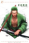  1boy 2019 artist_name character_name commentary earrings english_commentary english_text green_hair holding holding_sword holding_weapon jewelry johnny_azad katana looking_at_viewer male_focus one_eye_closed one_piece open_clothes roronoa_zoro scar scar_across_eye scar_on_chest scar_on_face short_hair single_earring smile solo sword teeth weapon 