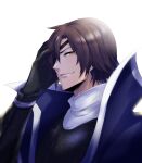  1boy black_gloves brown_hair date_masamune_(sengoku_basara) eyepatch gloves hair_over_one_eye hand_on_own_head highres looking_at_viewer male_focus portrait sengoku_basara short_hair simple_background siso_zakura03 slit_pupils smirk solo white_background yellow_eyes 