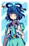  1girl absurdres blue_background blue_dress blue_hair blush chisel closed_eyes closed_mouth commentary_request dress facing_viewer flower hair_ornament hair_ribbon hair_stick highres ichirugi kaku_seiga ribbon short_hair short_sleeves smile solo touhou translation_request vest white_vest 