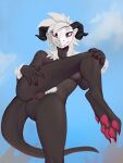  5_toes anthro anus black_body black_fur breasts butt cloud feet female fur genitals hair hi_res lf low-angle_view pawpads paws pink_pawpads presenting pussy sky solo toes under_boob unknown_species white_body white_fur white_hair 