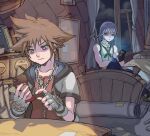  2boys bedroom blue_eyes blue_pants book brown_hair cellphone chain chain_necklace closed_mouth cloud cloudy_sky commentary_request crown_necklace fingerless_gloves gloves highres holding holding_phone hood hooded_jacket indoors jacket jewelry kingdom_hearts kingdom_hearts_i looking_at_another multiple_boys necklace night objectification ohji130 on_bed pants phone red_shirt riku_(kingdom_hearts) sheriff_woody shirt short-sleeved_jacket short_hair short_sleeves sitting sky sleeveless sleeveless_shirt sora_(kingdom_hearts) spiked_hair white_gloves white_hair white_jacket yellow_shirt zipper zipper_pull_tab 