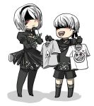  1boy 1girl 2b_(nier:automata) 9s_(nier:automata) black_blindfold black_dress black_footwear black_gloves black_jacket black_shorts blindfold boots cleavage_cutout clothing_cutout dress emil_(nier) full_body gloves grey_shirt grin holding holding_clothes jacket looking_at_another mole mole_under_mouth nier:automata nier_(series) open_mouth redmageroxy shirt shorts simple_background smile standing teeth thigh_boots upper_teeth_only white_background white_shirt 
