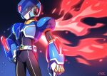  armor artist_name blue_armor blue_helmet cowboy_shot dark_background energy_cape forehead_jewel glowing glowing_eyes green_eyes helmet holographic_clothing male_focus mega_man_(series) mega_man_x:_command_mission mega_man_x_(series) new_armor_x_(mega_man) ohil_(ohil822) shoulder_armor x_(mega_man) 