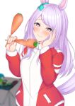  1girl :t animal_ears blurry blurry_background blush box cardboard_box carrot closed_mouth commentary_request depth_of_field ear_ribbon eating etan14 food green_ribbon hands_up highres holding holding_food horse_ears horse_girl horse_tail jacket long_hair long_sleeves mejiro_mcqueen_(umamusume) purple_eyes purple_hair red_jacket ribbon simple_background sleeves_past_wrists solo tail track_jacket umamusume wavy_mouth white_background 