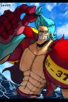  1boy abs absurdres artist_name black_eyes blue_hair clenched_teeth cloud cloudy_sky commentary english_commentary franky_(one_piece) highres holding holding_removed_eyewear long_sideburns louxie male_focus on_water one_piece outdoors short_hair sideburns sky smile solo spiked_hair teeth unworn_eyewear water 