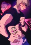  2boys blonde_hair blush character_tattoo clothes_lift commentary gongnam highres lifted_by_self male_focus multiple_boys pectorals profile scott_pilgrim_(series) scott_pilgrim_takes_off shirt_lift stomach_tattoo sweatdrop tattoo todd_ingram wallace_wells yaoi 