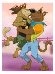 anthro beverage bottomwear brown_body brown_fur canid canine canis carrying_another carrying_partner clothing coffee domestic_dog dukey duo fence fur great_dane hanna-barbera johnny_test_(series) kerchief male mammal mastiff molosser muscular neckerchief noses_touching outside romantic romantic_couple scooby-doo scooby-doo_(series) shirt shorts tan_body tan_fur tank_top topwear zurdomon