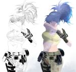  armlet bare_shoulders belt blue_eyes blue_hair breasts camouflage camouflage_pants earrings ffffcoffee gloves jewelry leona_heidern monochrome multiple_views one_girl pants ponytail simple_background tactical_clothes tank_top the_king_of_fighters the_king_of_fighters_xiv the_king_of_fighters_xv triangle_earrings white_background yellow_tank_top 