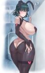  absurdres animal_ears ass bathroom black_gloves black_hair black_pantyhose black_pasties breasts crotchless crotchless_pantyhose fake_animal_ears fubuki_(one-punch_man) gloves green_eyes heart heart_pasties highres jewelry large_breasts meme_attire mogudan one-punch_man pantyhose pasties rabbit_ears reverse_bunnysuit reverse_outfit thigh_strap 