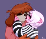  anthro bloodhound blush brown_body canid canine canis clothing diana_rayablanca domestic_dog duo embrace eyewear female gabe_(baebot) glasses hair hoodie hunting_dog kissing lipstick makeup male male/female mammal mephitid pink_body scent_hound skelly_doll skunk stripes sweater topwear white_hair 