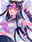  1girl :d artist_name black_hair black_sailor_collar black_skirt blue_hair blush bracelet danganronpa_(series) danganronpa_2:_goodbye_despair fang highres jewelry kaeru_no_ko long_hair mioda_ibuki mouth_piercing neckerchief open_mouth pink_background pink_eyes pink_hair pink_neckerchief pleated_skirt ring sailor_collar shirt short_sleeves skirt smile solo striped_sleeves teeth v white_background white_hair white_shirt 