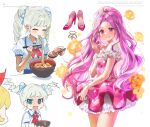  3girls aikatsu! aikatsu!_(series) blonde_hair bow character_request chopsticks closed_eyes closed_mouth crown dress eating food hair_bow hand_up high_ponytail highres holding holding_chopsticks hoshimiya_ichigo long_hair multiple_girls noodles pink_dress pink_footwear puffy_short_sleeves puffy_sleeves purple_eyes purple_hair ramen red_bow shoes short_sleeves simple_background sycisycii todo_yurika twintails very_long_hair white_background white_hair 