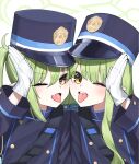  2girls absurdres black_hat black_jacket blue_archive blush fang gloves green_hair green_halo hair_between_eyes halo hat highres hikari_(blue_archive) jacket long_hair long_sleeves looking_at_viewer mino_(na_ra) multiple_girls nozomi_(blue_archive) one_eye_closed open_mouth peaked_cap pointy_ears round_teeth siblings simple_background sisters skin_fang smile teeth twins upper_teeth_only white_background white_gloves yellow_eyes 