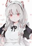 1girl :&lt; alternate_costume apron black_shirt bow closed_mouth commentary_request enmaided fujiwara_no_mokou grey_hair hair_bow highres long_hair looking_at_viewer maid maid_apron maid_headdress multiple_hair_bows plumapple3 puffy_short_sleeves puffy_sleeves red_eyes shirt short_sleeves solo sweatdrop touhou translation_request upper_body very_long_hair white_bow 