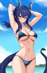 1girl arknights arms_behind_head arms_up beach bikini blue_bikini blue_hair blush breasts ch&#039;en_(arknights) cowboy_shot day dragon_girl dragon_horns dragon_tail english_commentary fangs_(fangs_art) from_below hair_between_eyes half-closed_eyes highres hip_focus horns light_frown long_hair looking_at_viewer looking_down medium_breasts navel ocean outdoors red_eyes skindentation slit_pupils solo stomach swimsuit tail thighs 