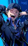  1boy absurdres arms_behind_head arms_up baseball_cap black_hair black_jacket blue_hat blue_shirt character_name collared_shirt facial_hair gekkoukan_high_school_uniform hat highres iori_junpei jacket jewelry kumo33 light_blush looking_at_viewer male_focus mixed-language_commentary necklace one_eye_closed open_clothes open_jacket open_mouth persona persona_3 persona_3_reload school_uniform shirt short_hair smile solo teeth upper_body 