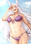  1girl :d abs absurdres animal_ears bikini blue_sky boku_no_hero_academia breasts cloud dark-skinned_female dark_skin front-tie_bikini_top front-tie_top hand_on_own_face hand_up highres kingcoco5963 large_breasts long_eyelashes long_hair looking_at_viewer mirko navel open_mouth outdoors parted_bangs purple_bikini rabbit_ears rabbit_girl red_eyes side-tie_bikini_bottom sky smile solo stomach swimsuit thighs toned_female very_long_hair water white_hair 