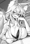  1girl animal_ears bangs blush breasts collared_shirt commentary_request eyebrows_visible_through_hair fate/extra fate_(series) fox_ears fox_girl fox_tail glasses greyscale highres large_breasts long_sleeves looking_at_viewer monochrome parted_lips shirt smile solo tail tamamo_(fate) tamamo_no_mae_(fate/extra) wisespeak 