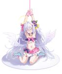  1girl absurdres angel_wings armpits azusa_(blue_archive) azusa_(swimsuit)_(blue_archive) bikini blue_archive blue_footwear blush chain chinese_commentary closed_eyes cuffs feathered_wings flower frilled_bikini frills grey_hair hair_between_eyes hair_flower hair_ornament halo handcuffs highres long_hair navel official_alternate_costume okazakileo open_mouth pink_bikini purple_bikini purple_flower restrained roller_skates simple_background sitting skates smile solo swimsuit wariza white_background white_wings wings yellow_halo 