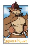  abs anthro biceps canid canine canis ceschi clothed clothing digital_media_(artwork) domestic_dog fur looking_at_viewer male mammal muscular muscular_anthro muscular_male nipples pecs sherlock_hound sherlock_hound_(series) simple_background smoking_pipe solo standing text topwear 