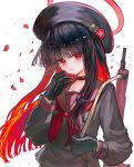  1girl absurdres assault_rifle beret black_beret black_choker black_gloves black_hair black_serafuku blue_archive blunt_bangs blush choker collarbone colored_inner_hair eyelashes falling_petals gloves gun halo hat highres holding holding_weapon justice_task_force_member_(blue_archive) looking_at_viewer multicolored_hair neckerchief petals qc6 red_eyes red_hair red_halo red_neckerchief red_petals rifle school_uniform serafuku simple_background solo weapon white_background 